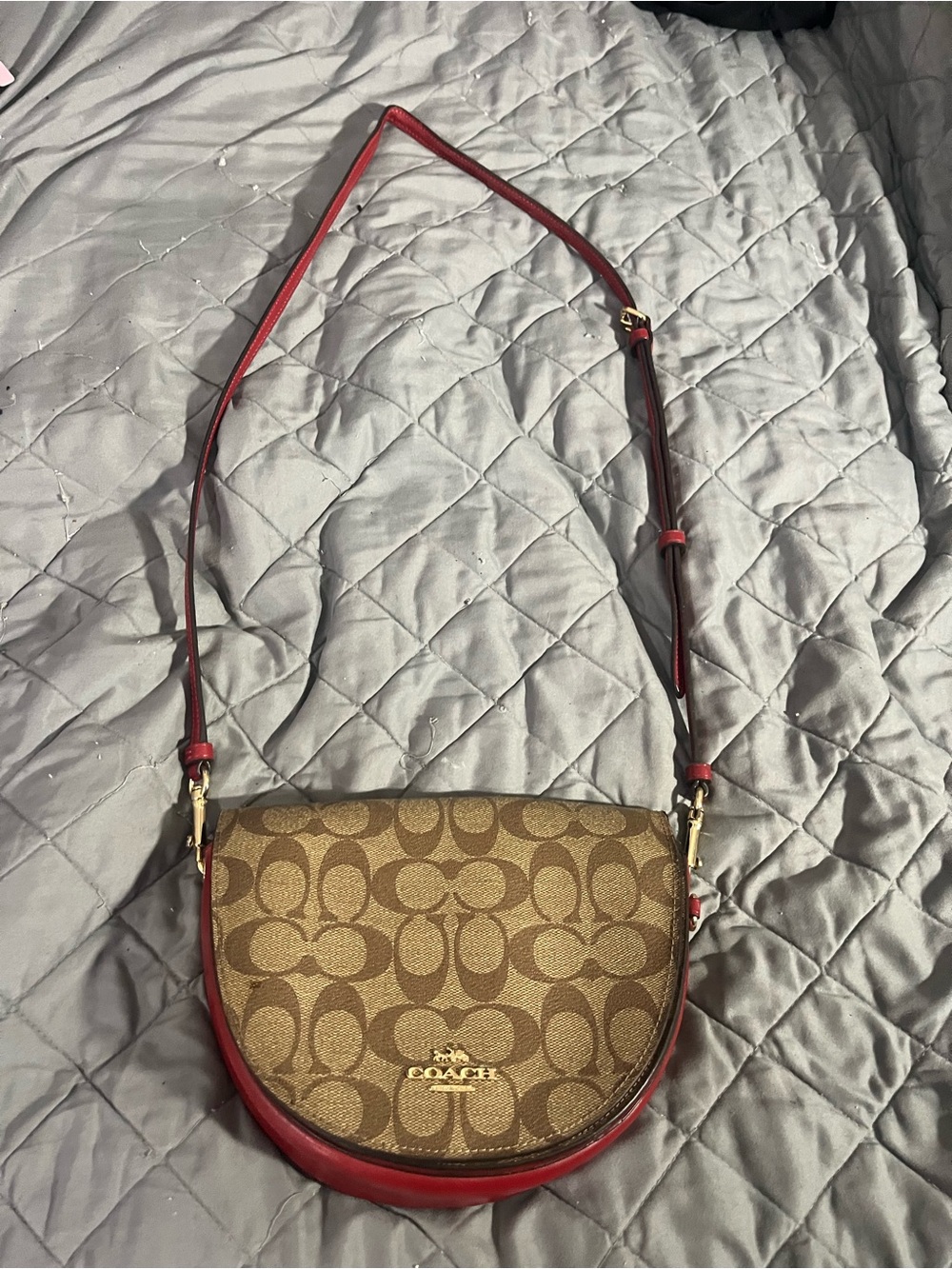 Coach Signature Canvas Saddle Crossbody Bag in Brown and Red